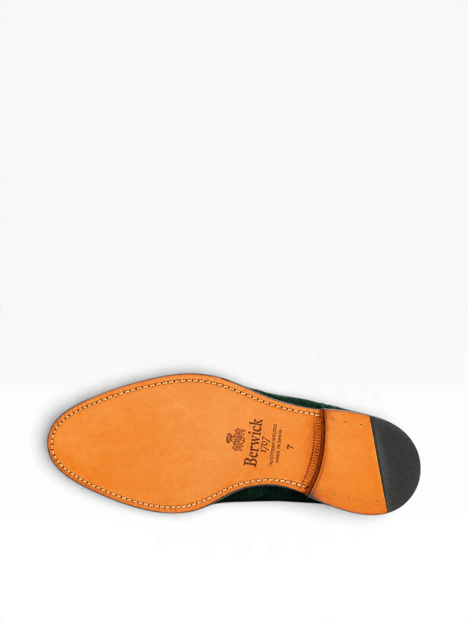 Bourgee a world class shoe store Berwick green suede tassel loafer showing the Goodyear welted leather outsole