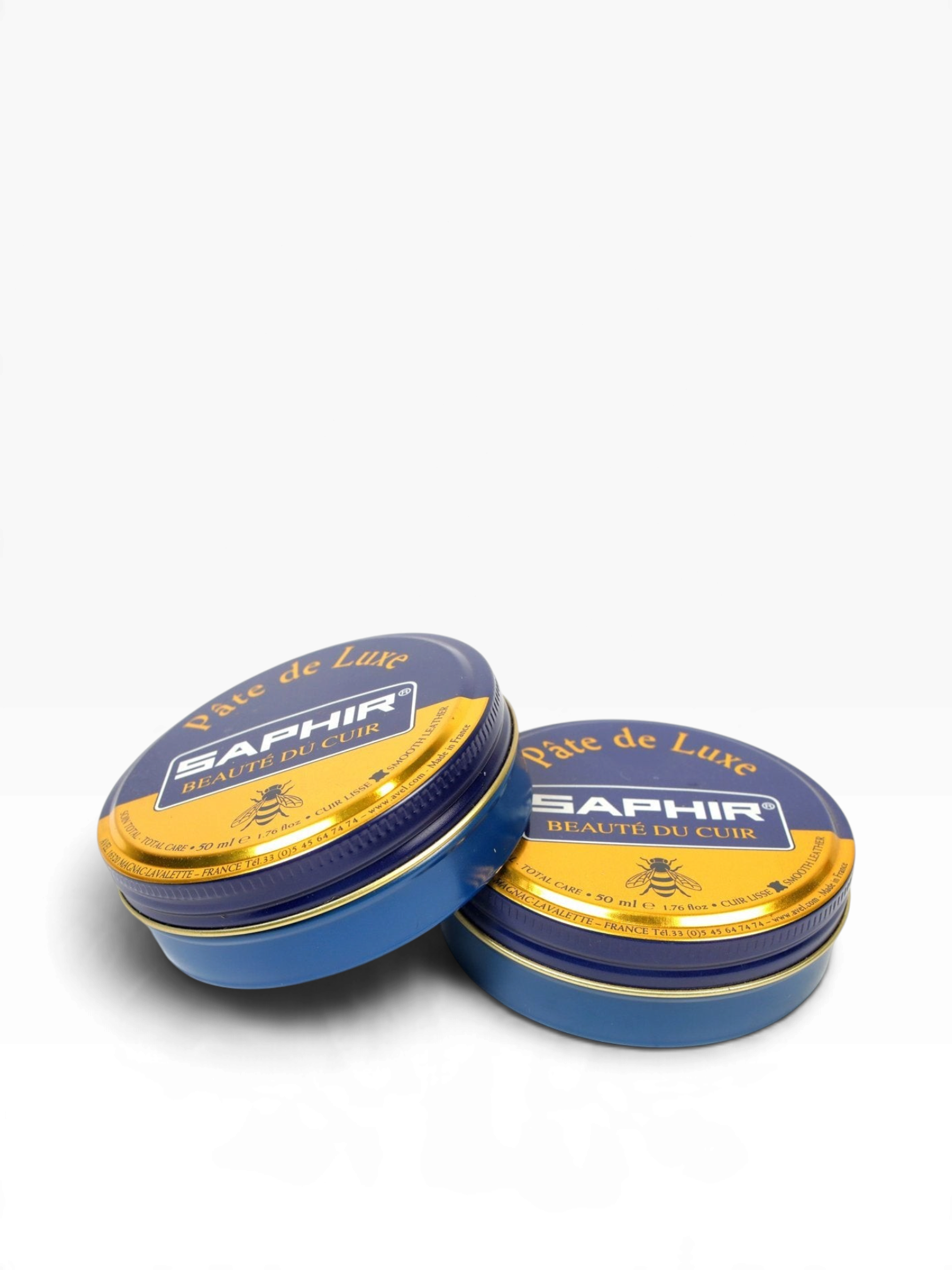 Bourgee a world class shoe store Saphir Pate de Luxe wax polish tins for leather care in blue and gold packaging