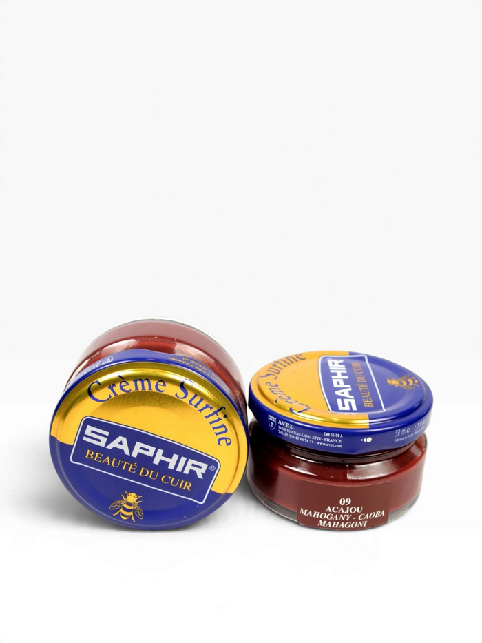 Bourgee a world class shoe store Saphir Beaute du Cuir mahogany cream polish in glass jars with blue lids