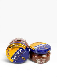 Bourgee a world class shoe store Saphir Beaute du Cuir medium brown cream polish in glass jars for leather care
