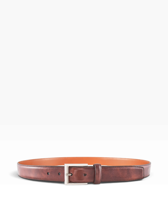 Bourgee a world class shoe store brown Vegano leather belt with 35mm width and a solid nickel-colored brass buckle.