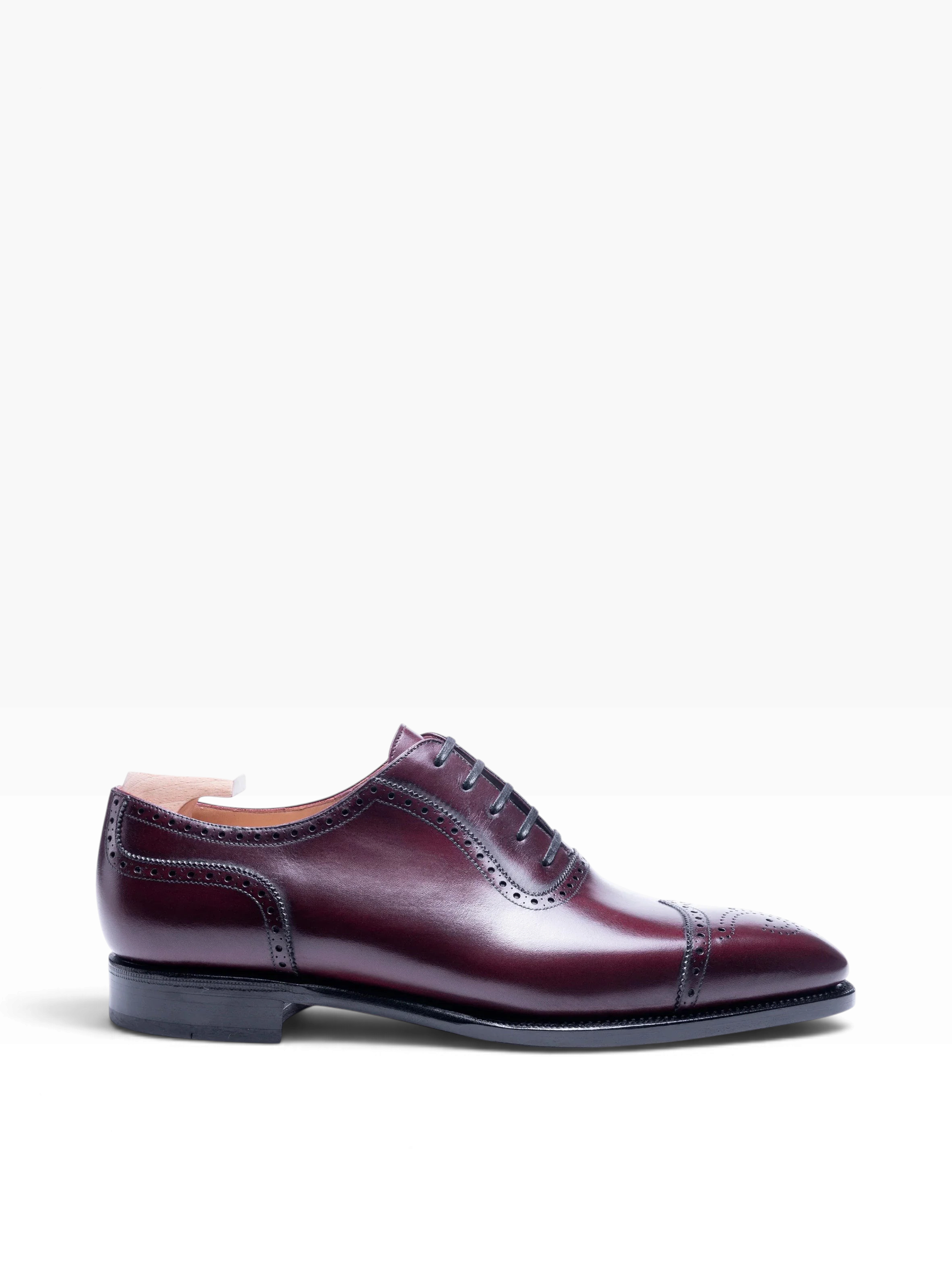 Bourgee a world class shoe store burgundy leather Oxford shoe with brogue detailing and a squared toe profile