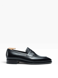 Bourgee a world class shoe store black leather penny loafer with a round toe and unlined construction