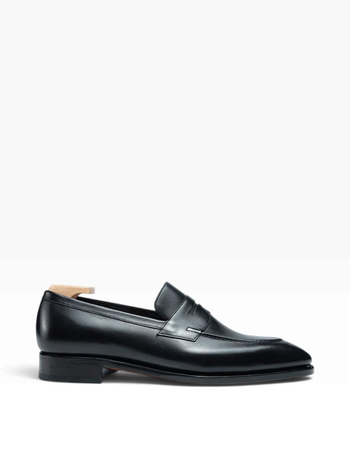 Bourgee a world class shoe store black leather penny loafer with a round toe and unlined construction