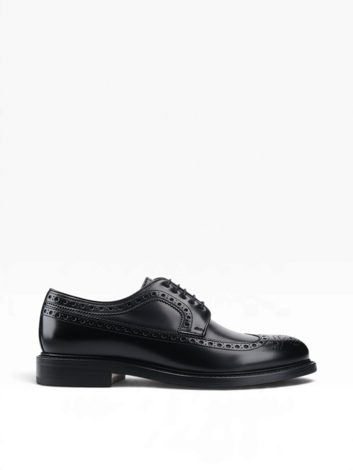 Bourgee a world class shoe store black polished leather wingtip derby shoe with Goodyear welt and rubber sole
