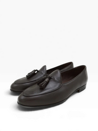 Bourgee a world class shoe store Berwick brown deerskin leather tassel Belgian loafers with a durable rubber sole.