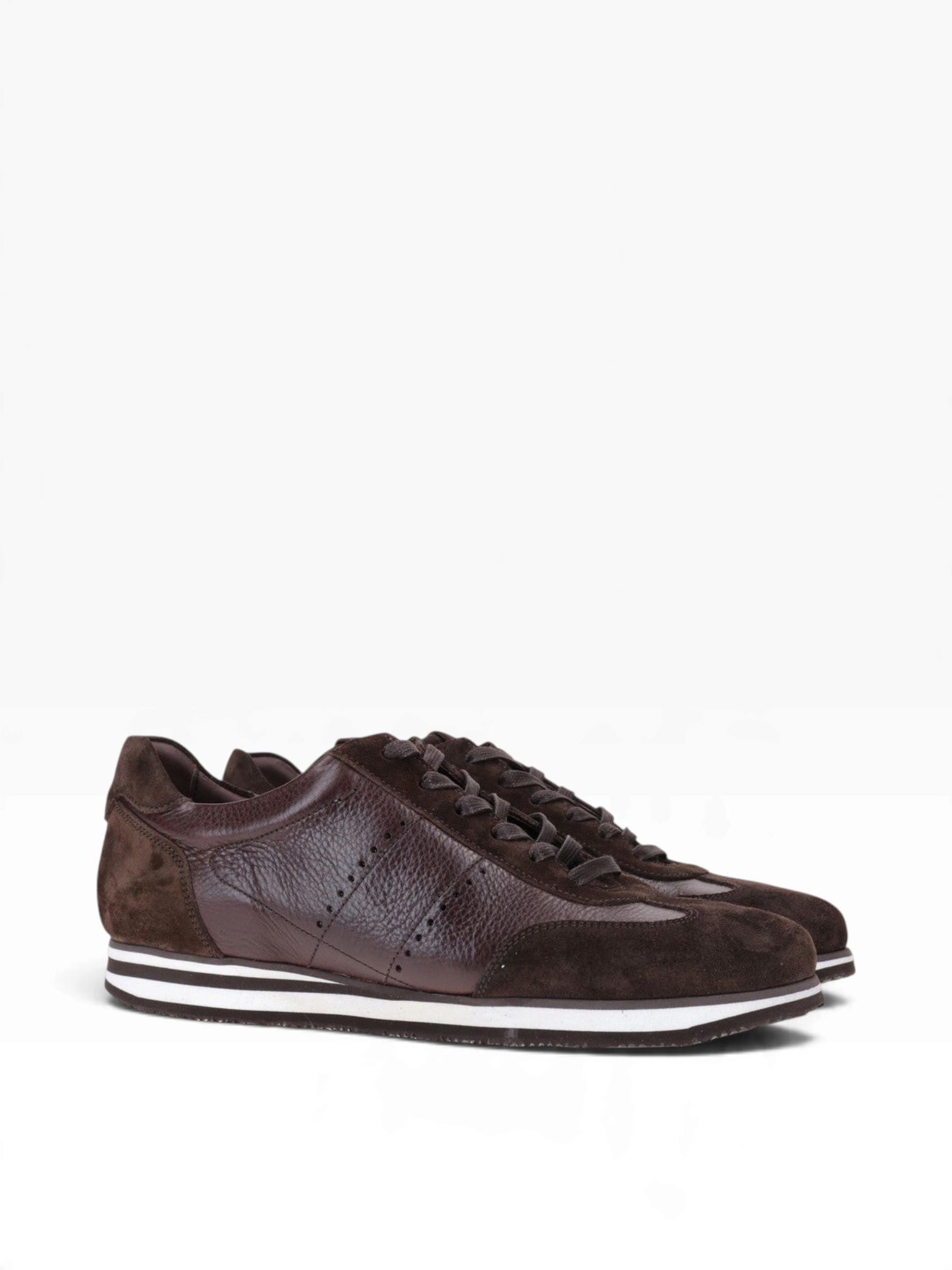 Bourgee a world class shoe store Berwick brown nappa leather and suede sneakers with a white Vibram wedge sole
