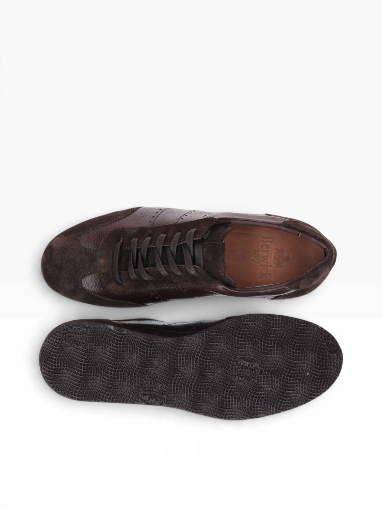Bourgee a world class shoe store Berwick brown nappa leather and suede sneakers with Vibram wedge sole top view