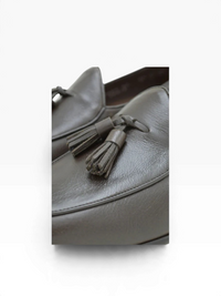 Bourgee a world class shoe store brown deerskin leather Belgian tassel loafers with a durable rubber sole
