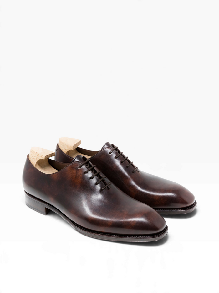 Bourgee a world class shoe store brown wholecut oxford shoes in museum calf leather with a semi-square toe.