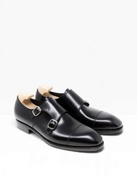 Bourgee a world class shoe store black Boxcalf leather double monk strap shoes with silver buckles and wooden trees.