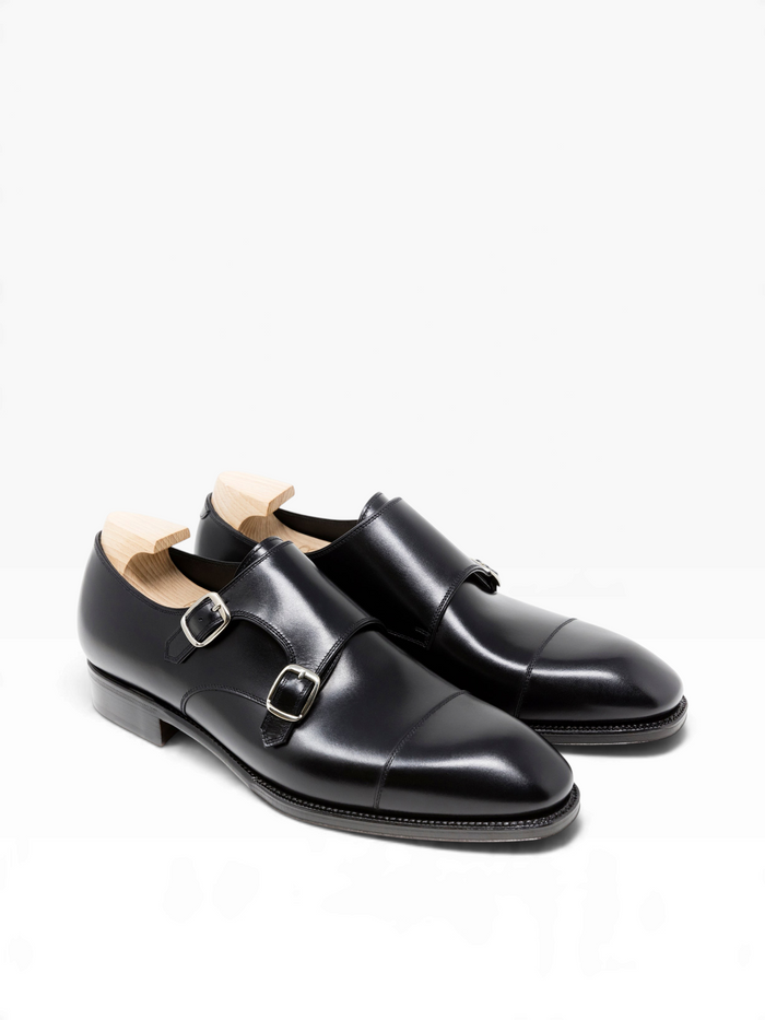 Bourgee a world class shoe store black Boxcalf leather double monk strap shoes with silver buckles and wooden trees.