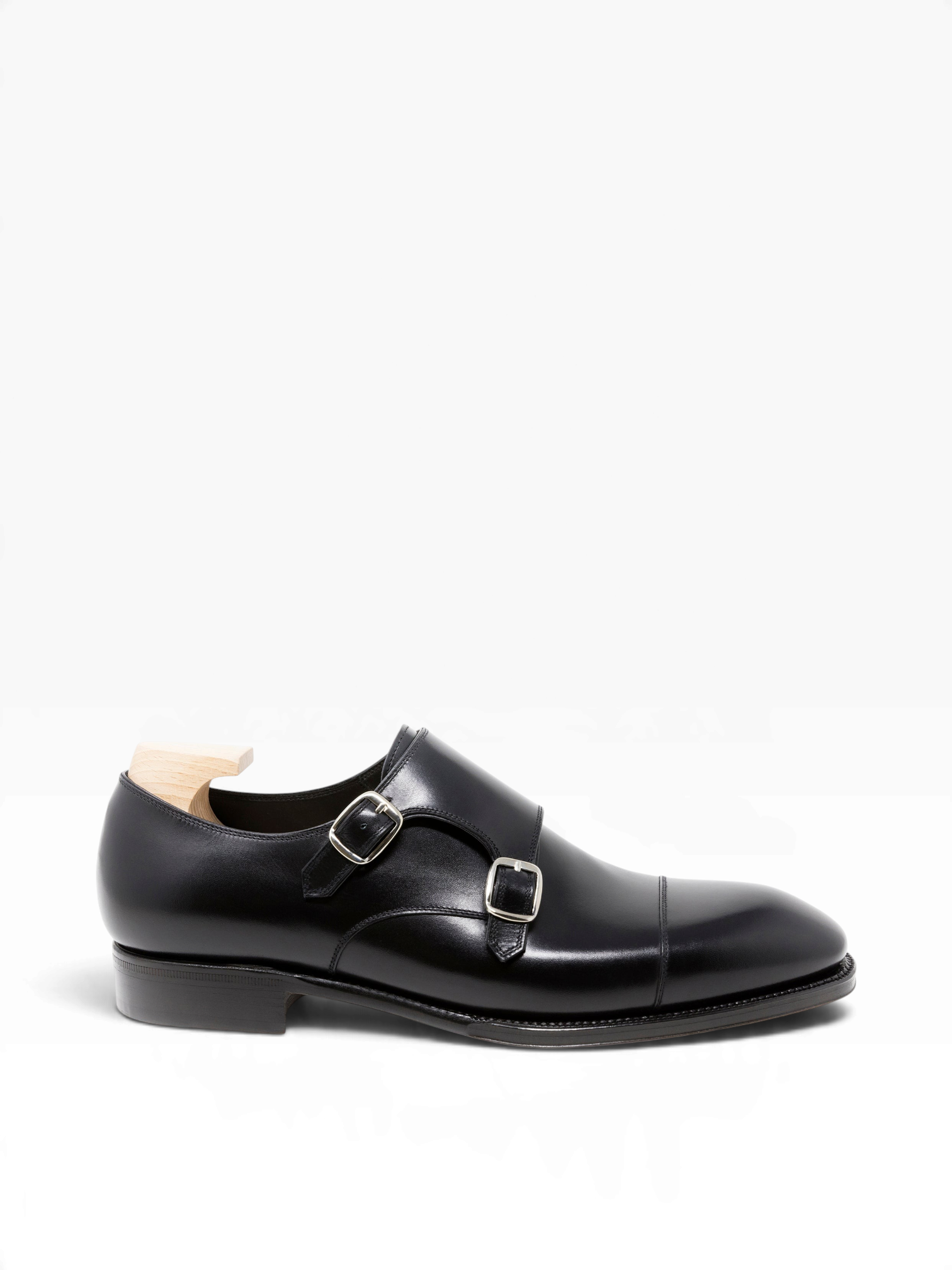 Bourgee a world class shoe store black boxcalf leather double monk strap shoe with silver buckles and a cap toe