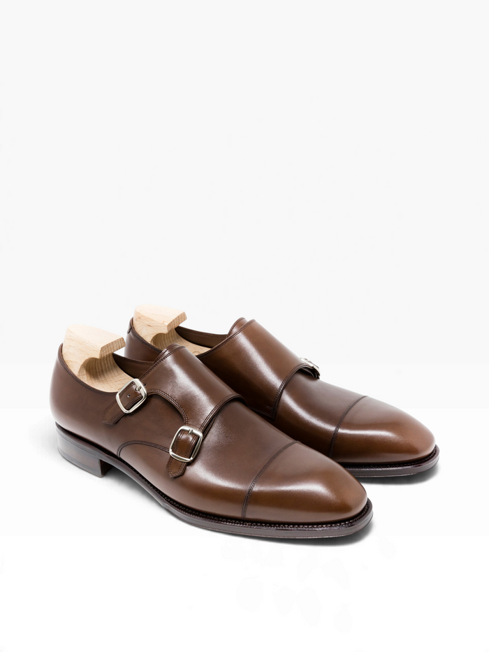 Bourgee a world class shoe store brown Vegano leather double monk strap shoes with silver buckles and square toe