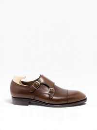Bourgee a world class shoe store brown Vegano leather double monk strap shoe with silver buckles and a semi-square toe.