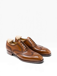 Bourgee a world class shoe store light brown Vegano leather full brogue oxford shoes with semi-square toe
