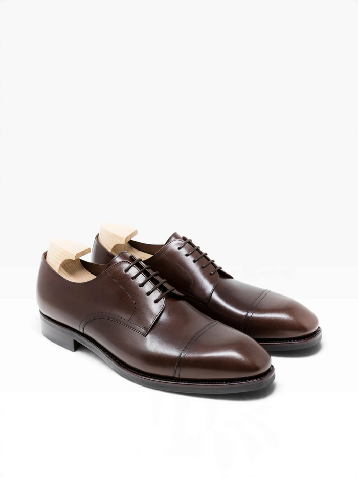 Bourgee a world class shoe store TLB Lenon dark brown Vegano leather derby shoes with a semi-square toe and lace-up.