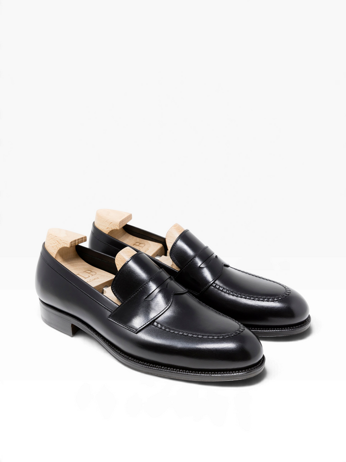 Bourgee a world class shoe store TLB Martin black boxcalf leather penny loafers with round toe and wooden shoe trees.