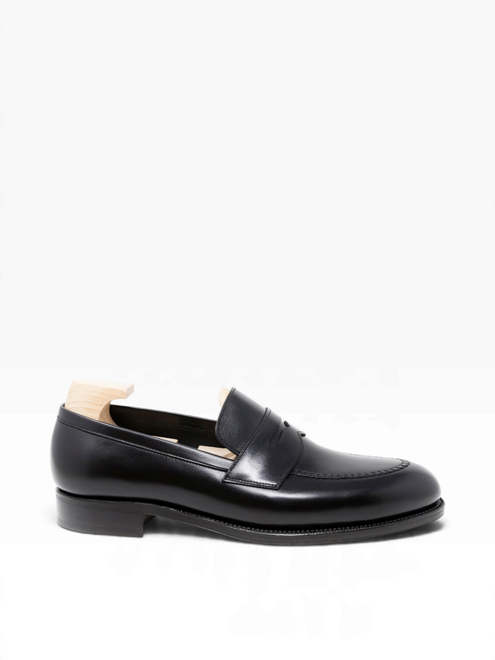 Bourgee a world class shoe store black boxcalf leather penny loafer with a round toe and Goodyear welted construction