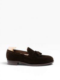 Bourgee a world class shoe store brown suede tassel loafer with a round toe and leather sole, side view