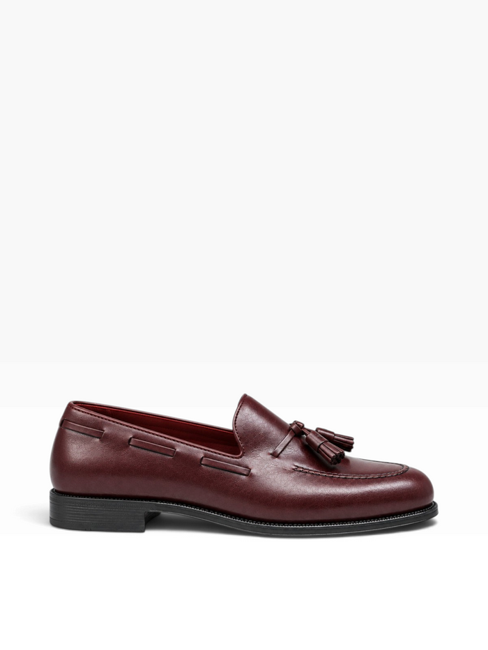 Bourgee a world class shoe store TLB Lancaster tassel loafer in burgundy Vegano leather with a round toe.