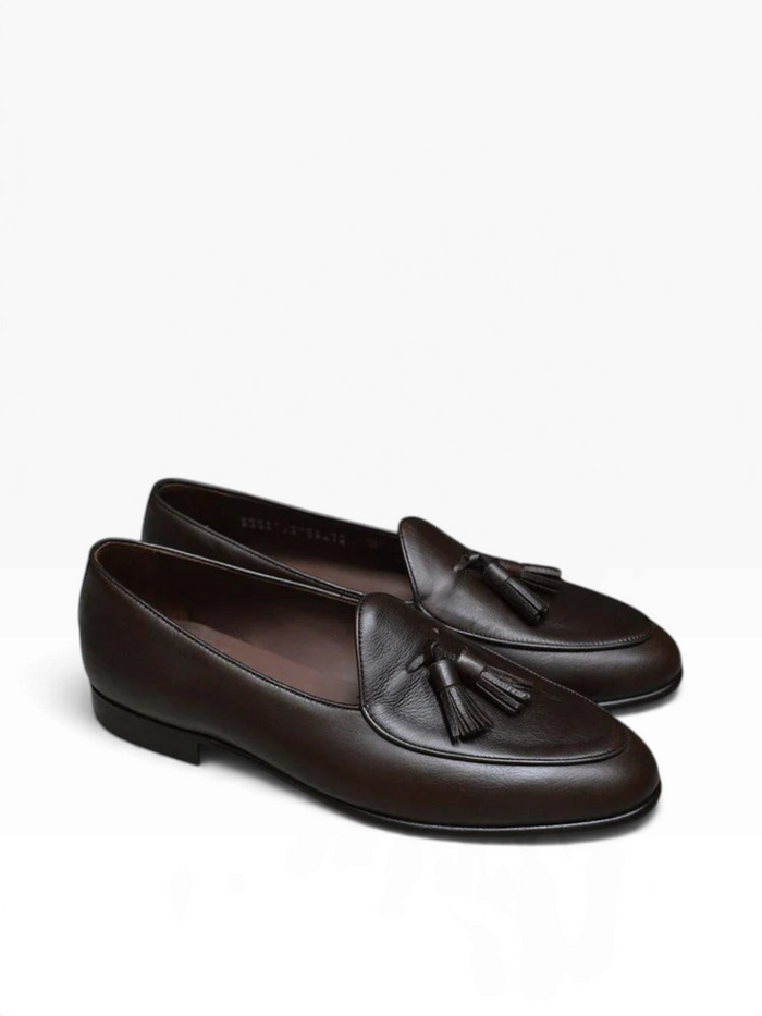 Bourgee a world class shoe store brown deerskin leather tassel Belgian loafers with a durable full rubber sole