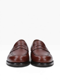 Bourgee a world class shoe store Berwick brown grained leather penny loafers with Goodyear welt and leather sole.