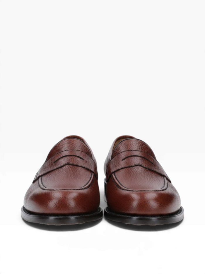 Bourgee a world class shoe store Berwick brown grained leather penny loafers with Goodyear welt and leather sole.