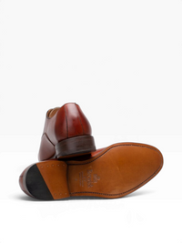 Bourgee a world class shoe store Berwick Rupert brown calf leather oxford dress shoe showing sole and stacked heel