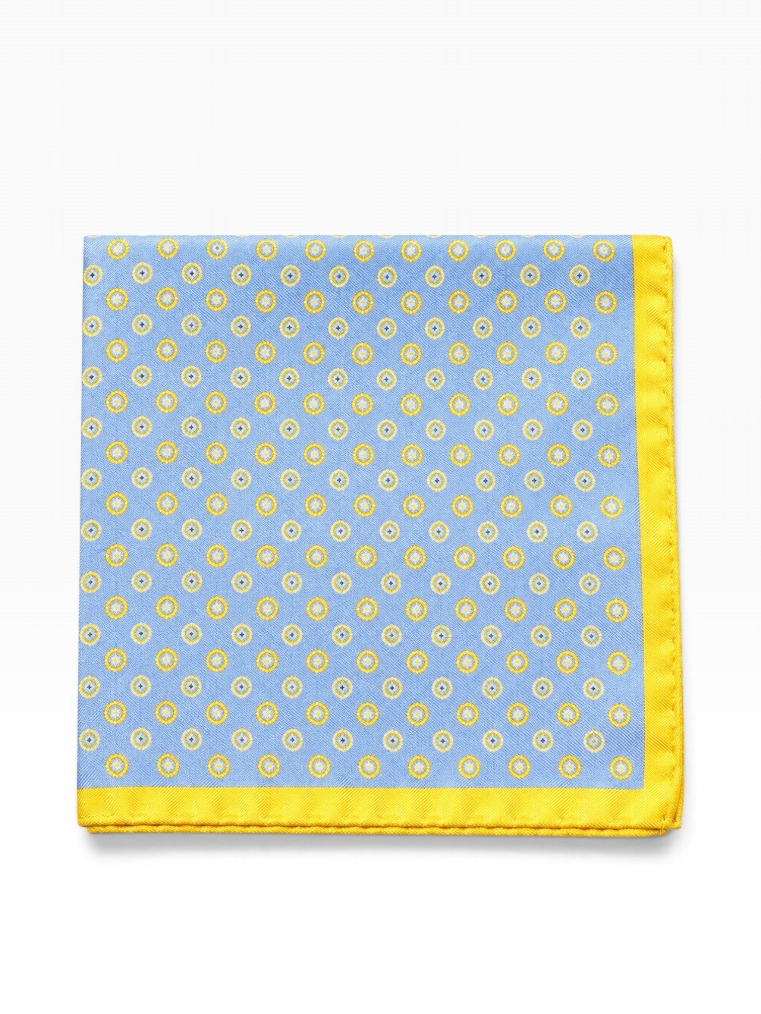 Bourgee a world class shoe store sky blue silk pocket square with yellow circular print and contrasting yellow border