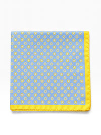Bourgee a world class shoe store sky blue silk pocket square with yellow circular print and contrasting yellow border