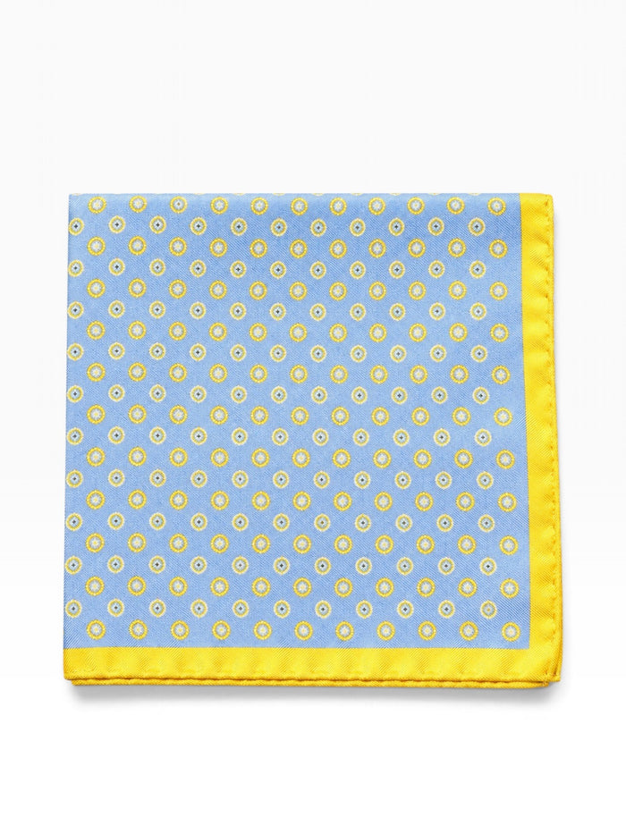 Bourgee a world class shoe store sky blue silk pocket square with yellow circular print and contrasting yellow border