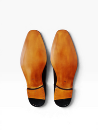 Bourgee a world class shoe store TLB Brad Oxford shoes showing the smooth tan leather closed channel soles