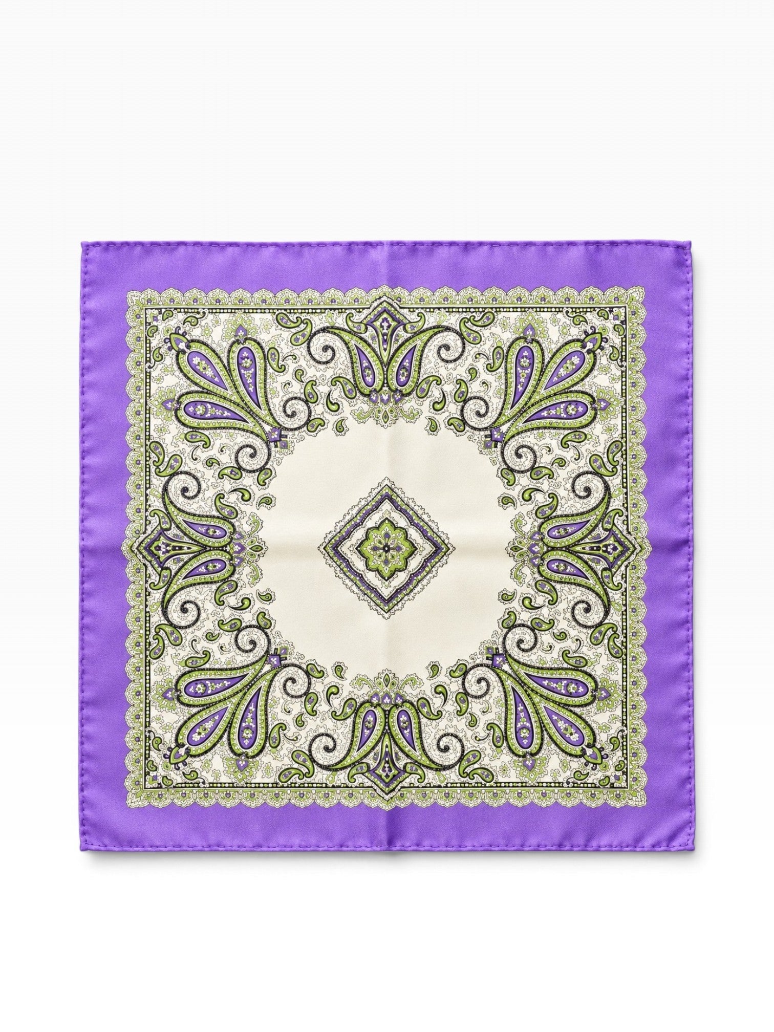 Bourgee a world class shoe store silk pocket square with lavender, ivory, and green paisley print for formal suits.
