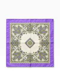 Bourgee a world class shoe store silk pocket square with lavender, ivory, and green paisley print for formal suits.