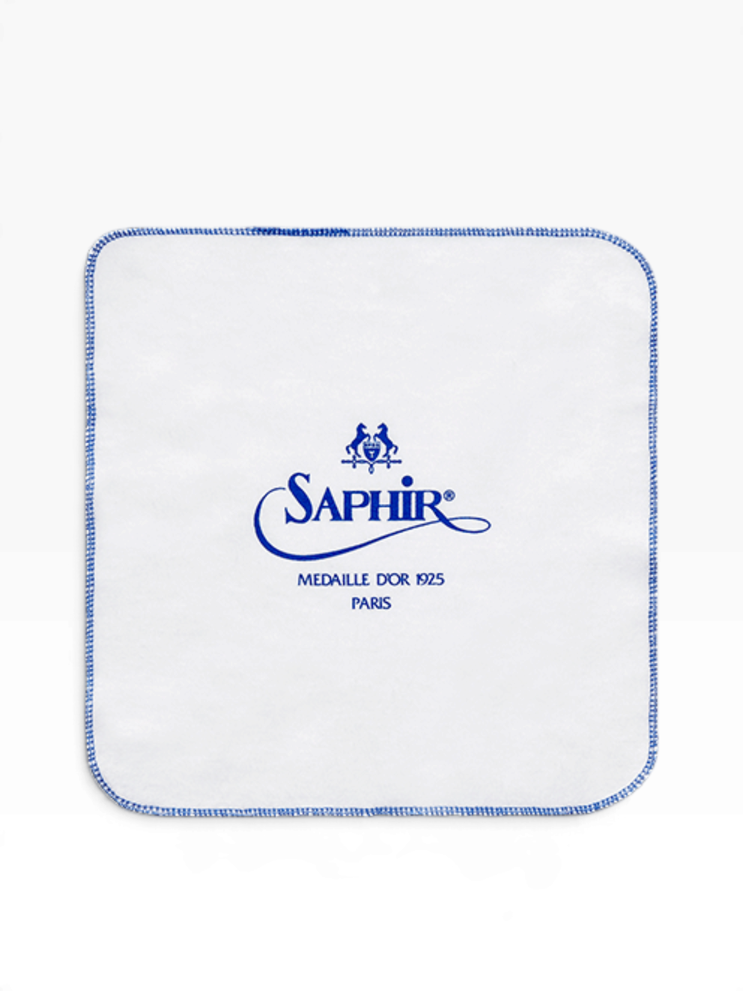 Bourgee a world class shoe store Saphir white cotton polishing cloth with blue stitched edges for leather care