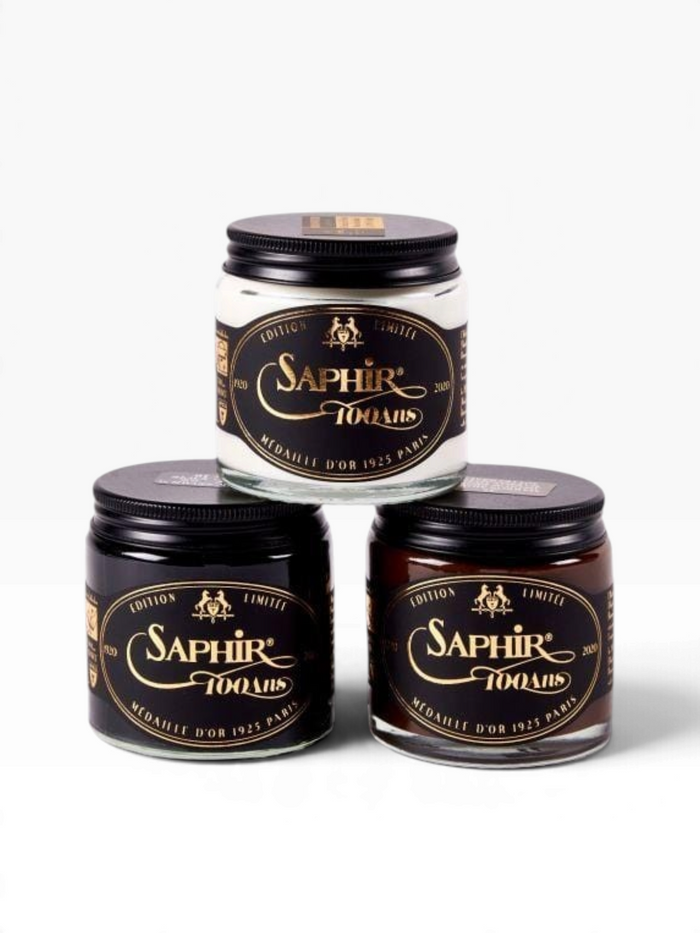 Bourgee a world class shoe store Saphir Medaille d'Or 1925 limited edition cream shoe polish jars in a stack