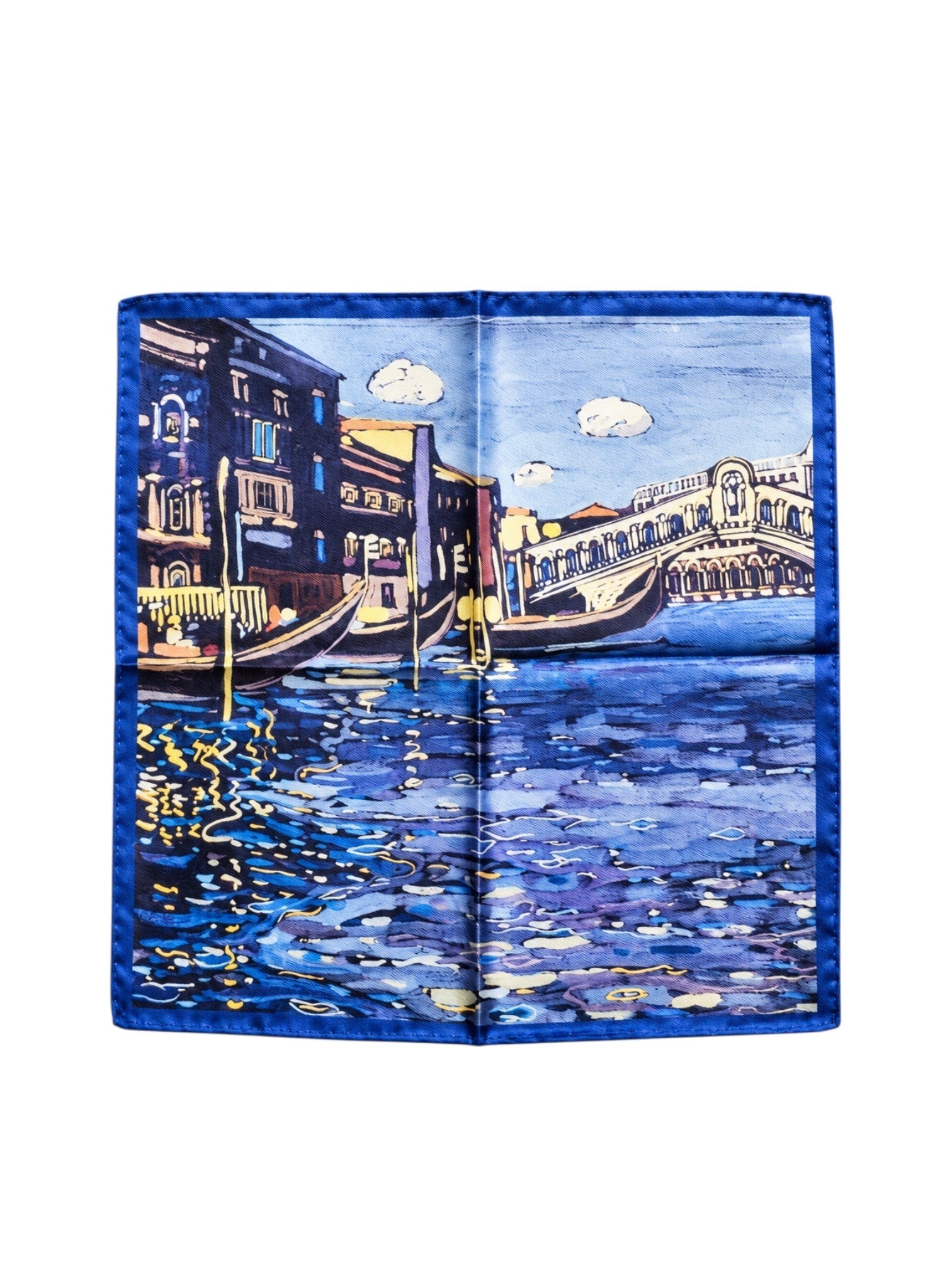 Bourgee a world class shoe store silk pocket square featuring a vibrant Venetian canal print with a blue border.