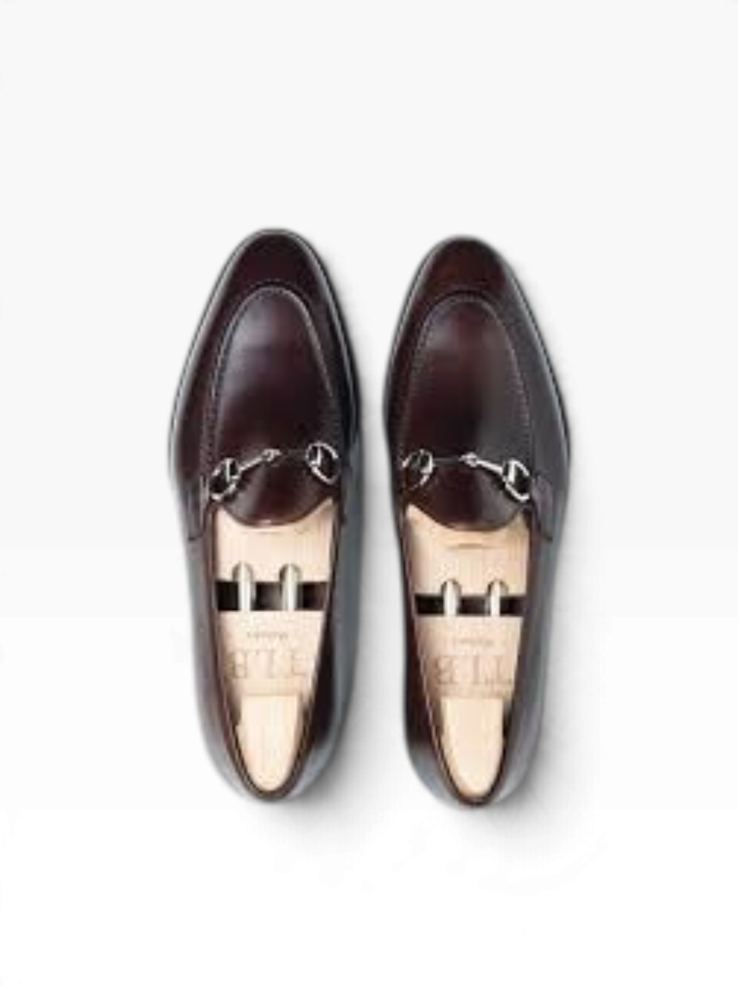 Bourgee a world class shoe store TLB Artista Goya dark brown box calf leather horsebit loafers, top-down view.