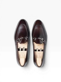 Bourgee a world class shoe store TLB Artista Goya dark brown box calf leather horsebit loafers, top-down view.