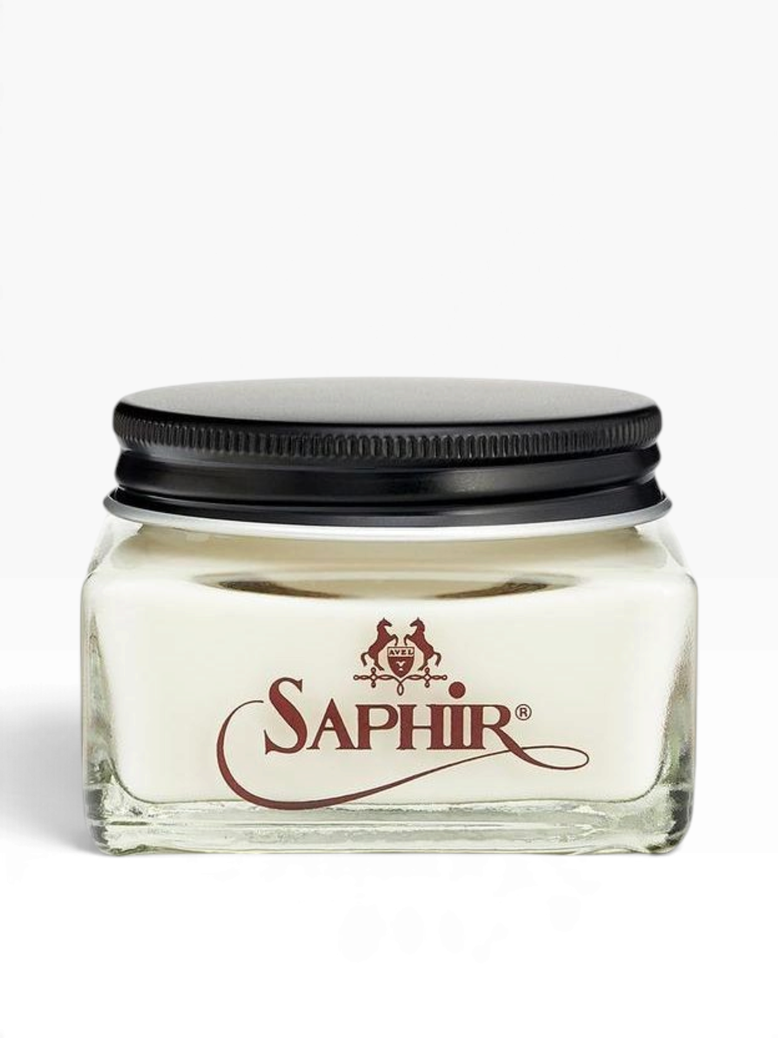 Bourgee a world class shoe store Saphir Cordovan leather cream in a 75ml glass jar with a black screw-top lid.