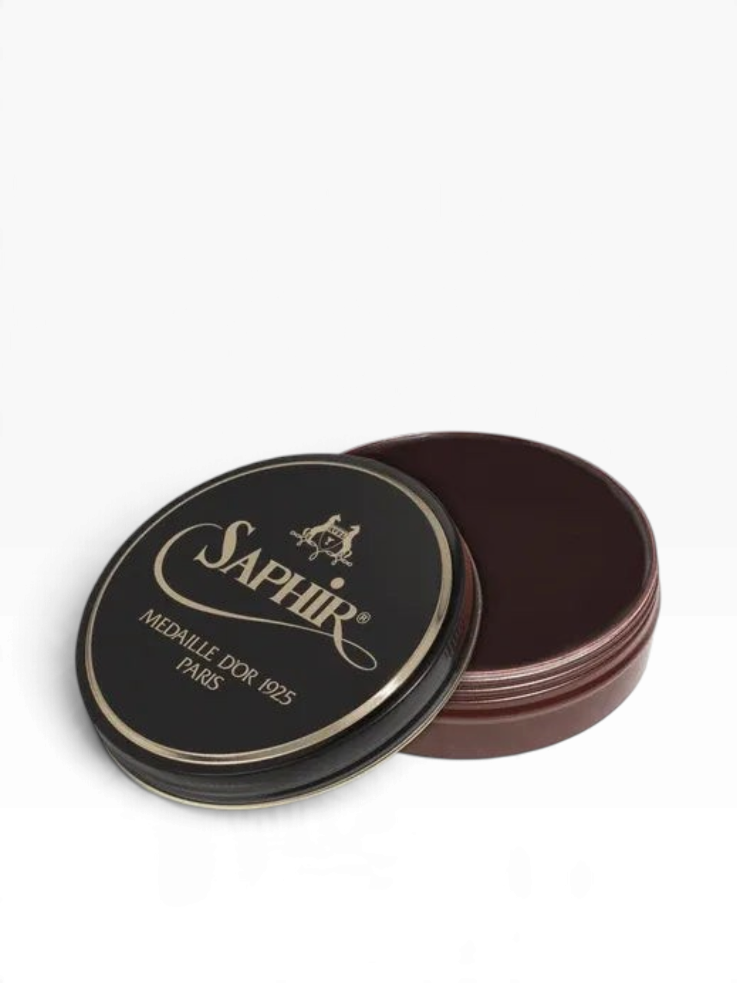 Bourgee a world class shoe store Saphir Pate de Luxe natural wax polish in a black tin for high-gloss shoe shine