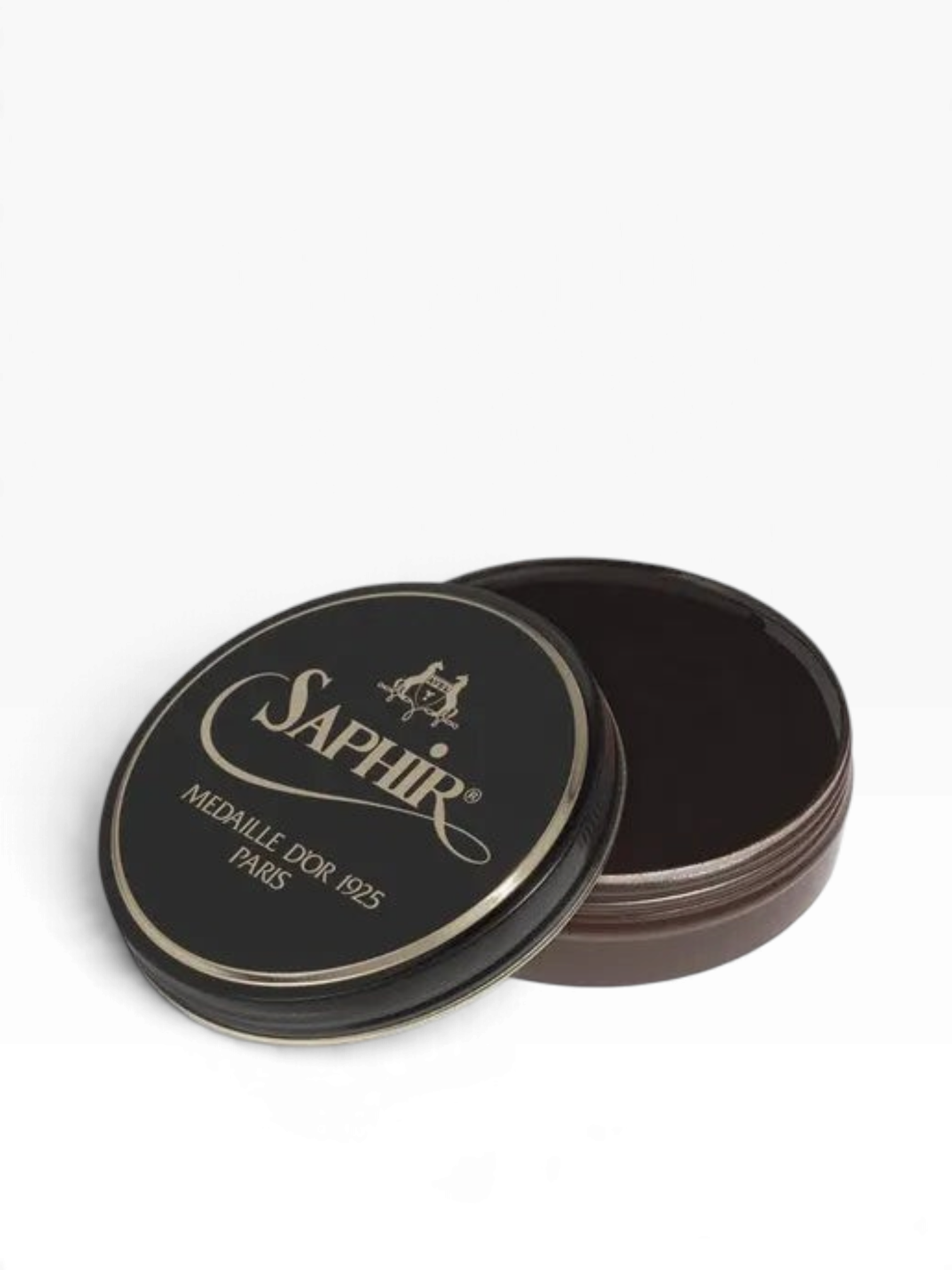 Bourgee a world class shoe store Saphir Pate de Luxe wax polish in a black tin for high-gloss leather shoe care