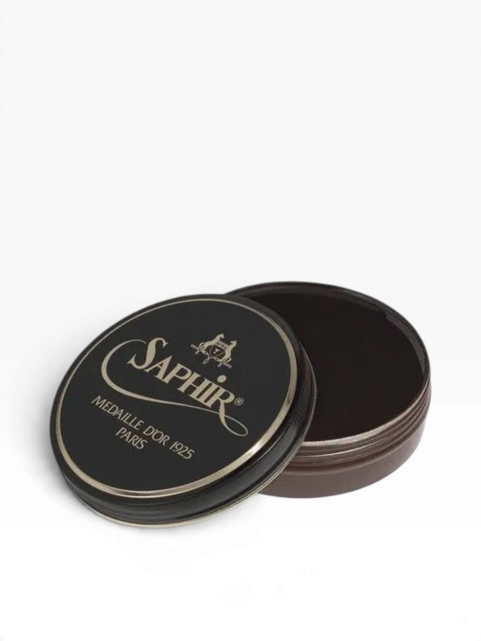 Bourgee a world class shoe store Saphir Pate de Luxe wax polish in a black tin for high-gloss leather shoe care