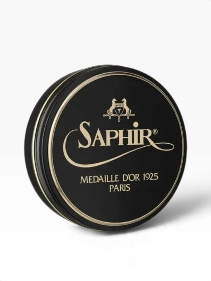 Bourgee a world class shoe store Saphir Medaille d'Or Pate de Luxe wax polish in a black round metal tin