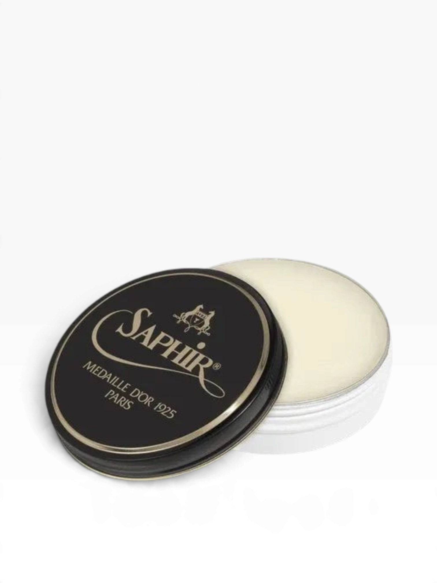 Bourgee a world class shoe store Saphir Medaille d'Or Pate de Luxe wax polish in an open black and white metal tin