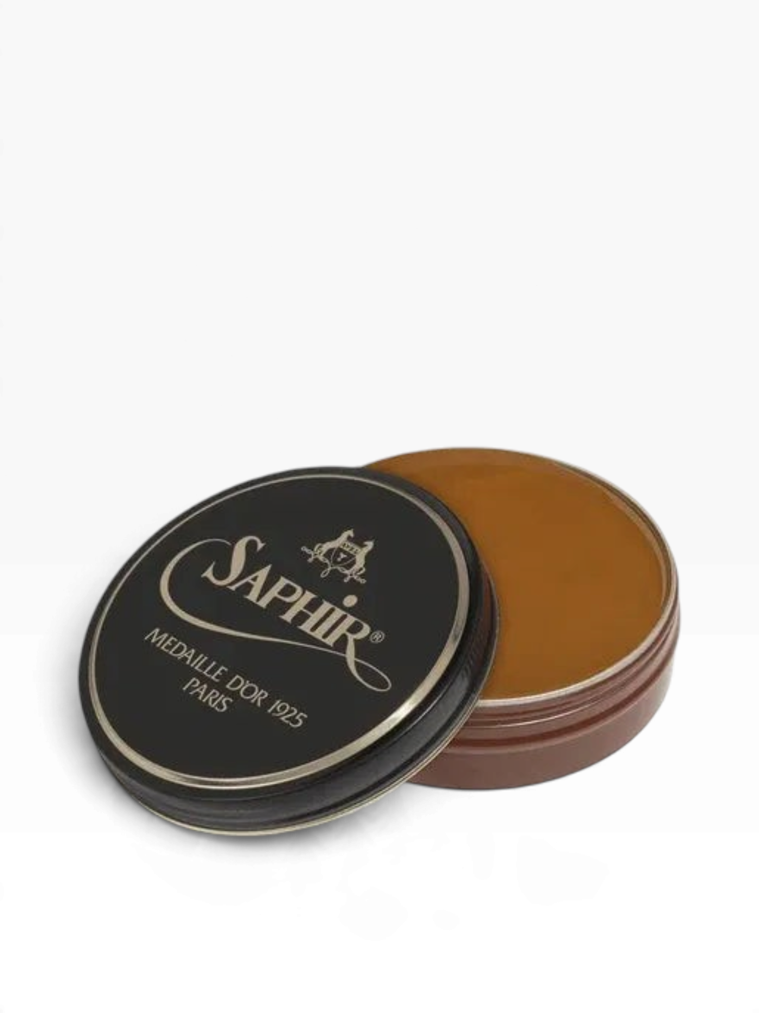 Bourgee a world class shoe store Saphir Medaille d'Or Pate de Luxe wax polish in a round black tin with brown wax