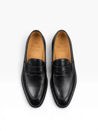 Bourgee a world class shoe store Berwick 5461 black leather penny loafers with apron detailing and Goodyear welt