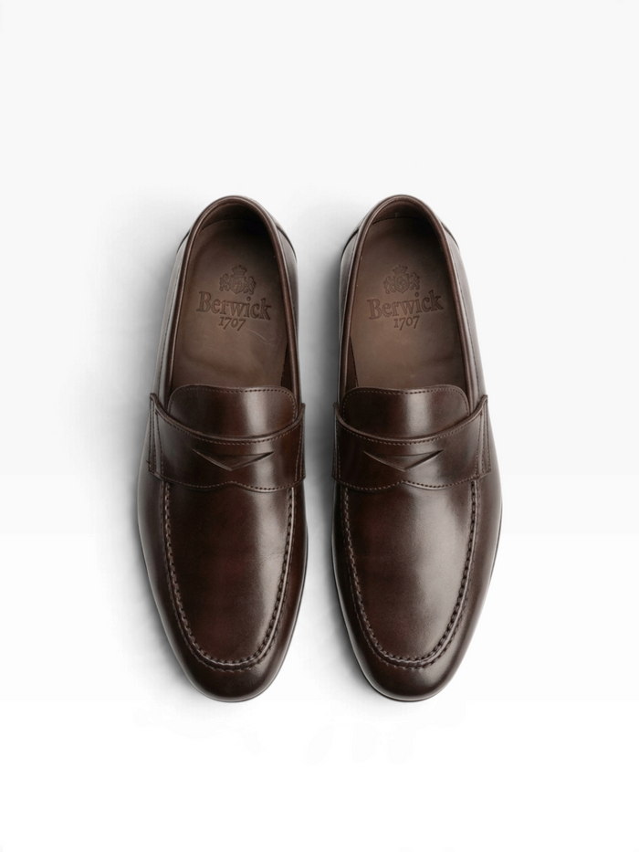 Bourgee a world class shoe store Berwick 1707 dark brown leather penny loafer with classic apron stitching