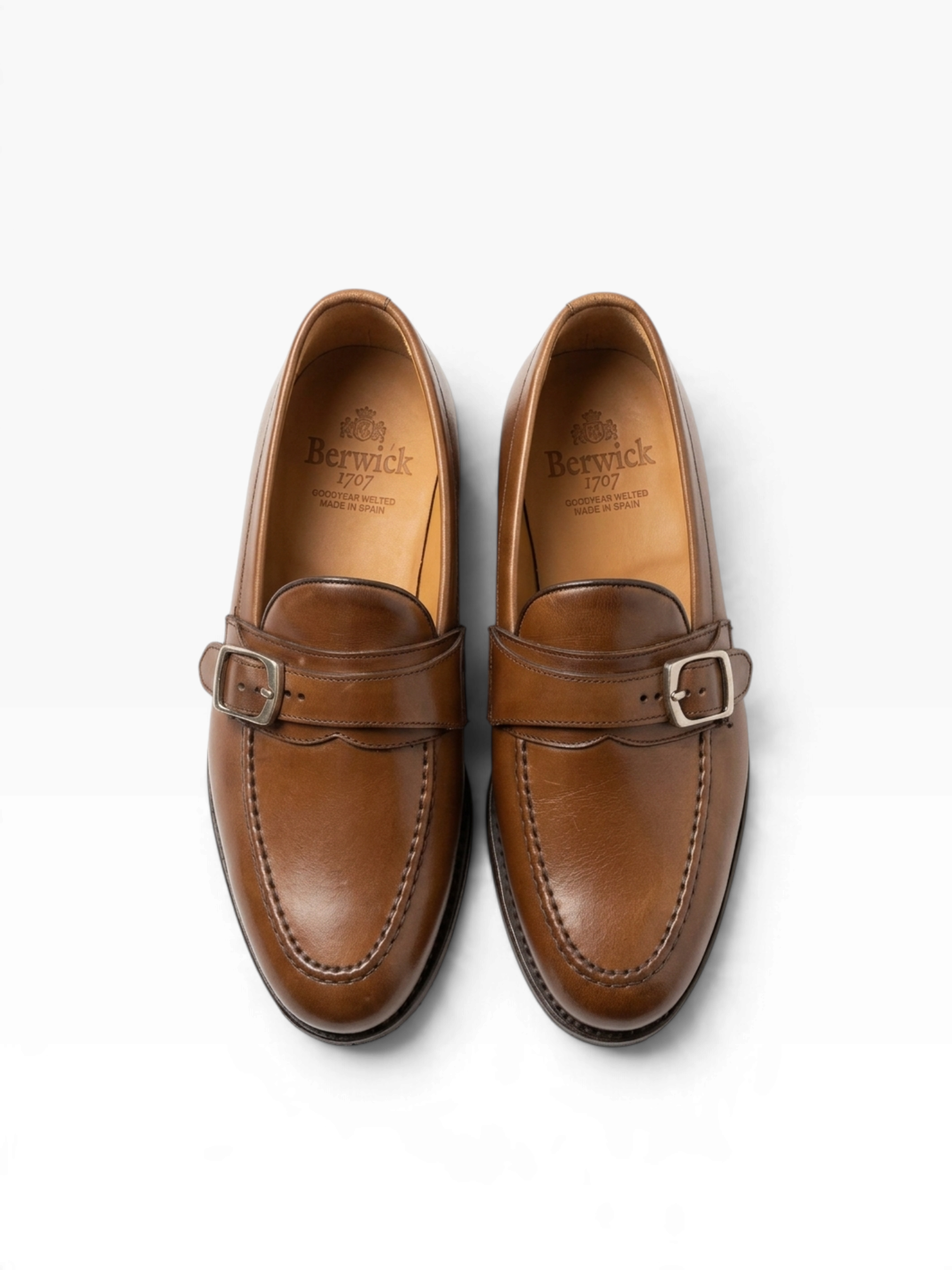 Bourgee a world class shoe store Berwick 5470 tan leather monk strap loafers with metal buckles and Goodyear welt
